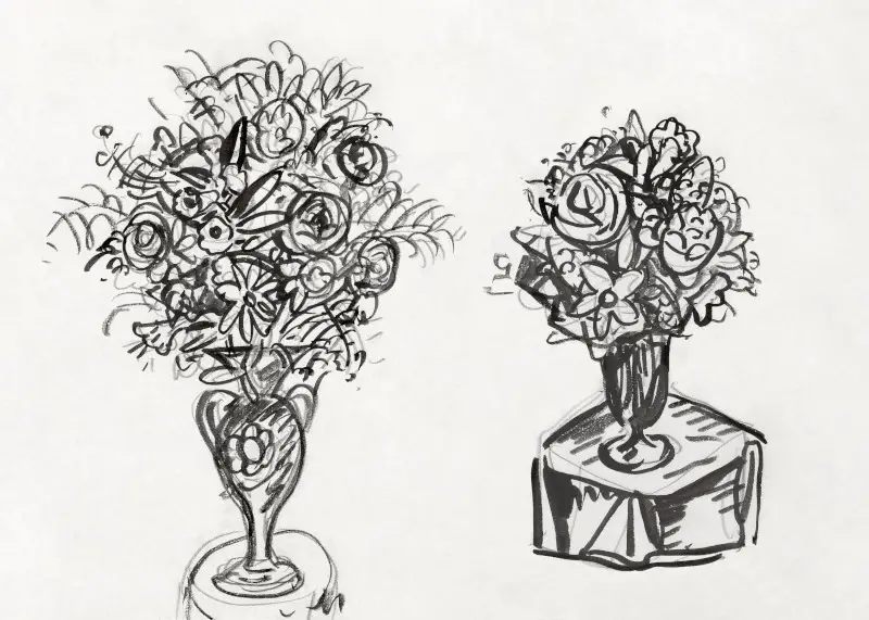 Flower Vases on a Table Pen Drawing by Leo Gestel